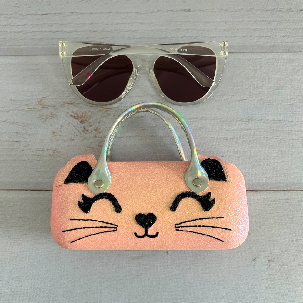 Claire's | Pink Kitty Sunglasses Case & Mirrored Cat Eye Clear Frame Sunglasses
